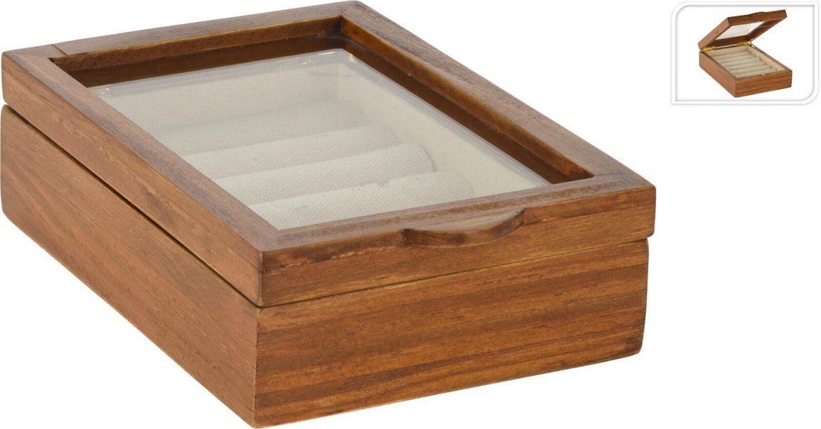 Image of Skartgripabox 12x5x17 með glerloki viður natur 