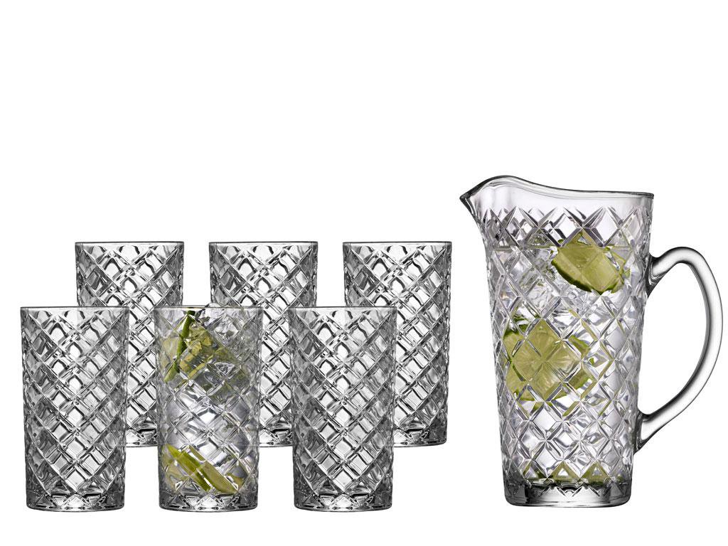 Image of Lyngby Glas Kanna og glös 7stk sett, útskorin Diamond clear