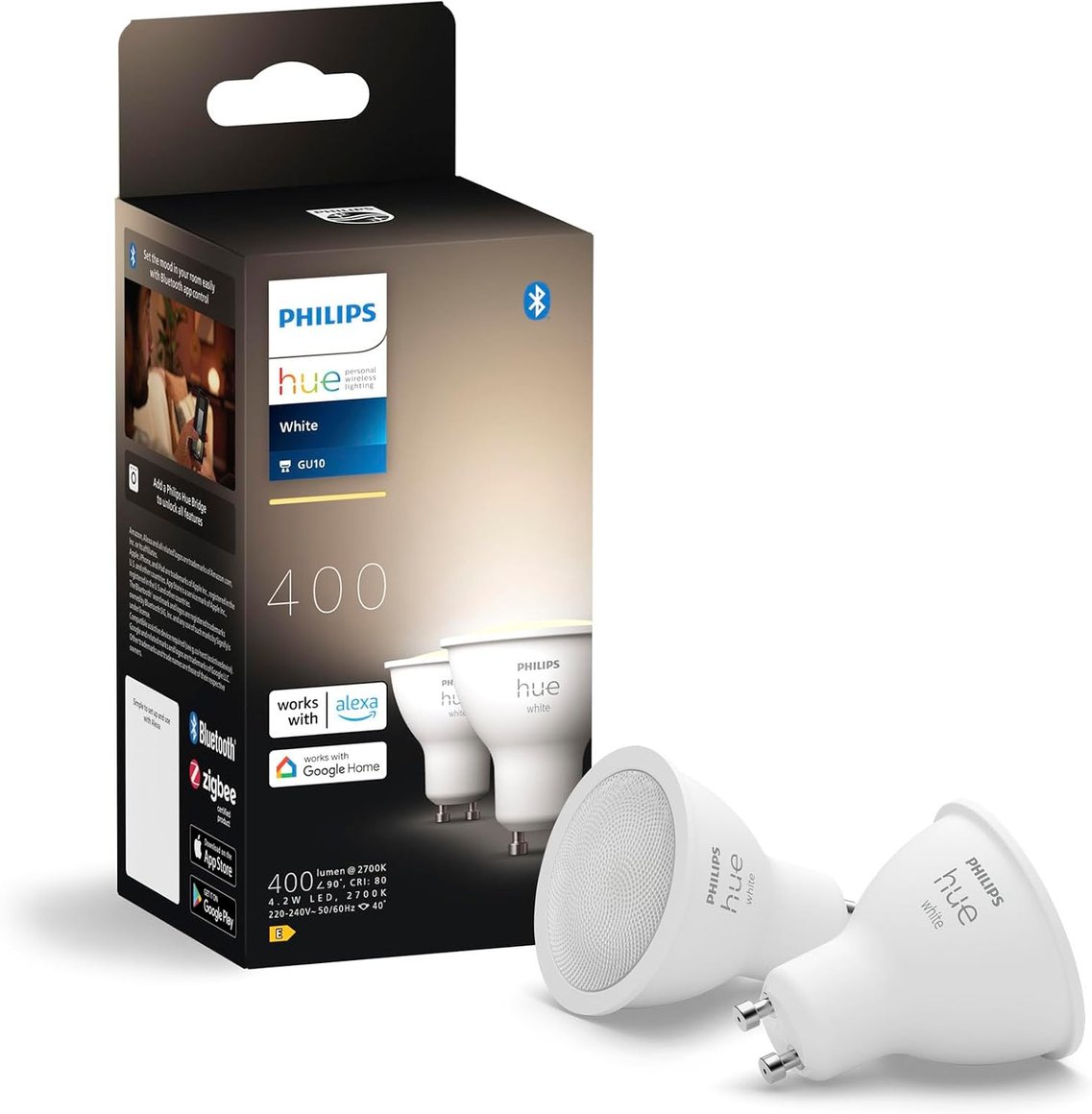 Image of Philips Hue GU10 Pera White 400lm 2stk