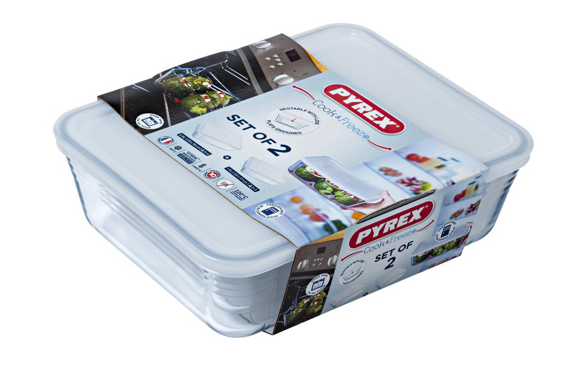 Pyrex Gler fat ferköntuð með plast loki 2 stk Cook and Freeze