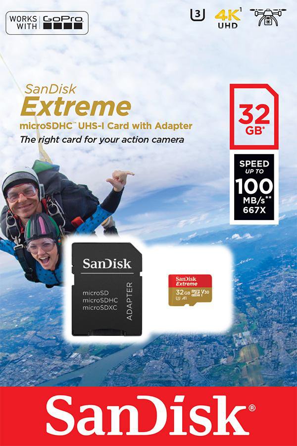 Sandisk 32GB Extreme Action V30 microSD 100MB/s UHS1 A1 minniskort