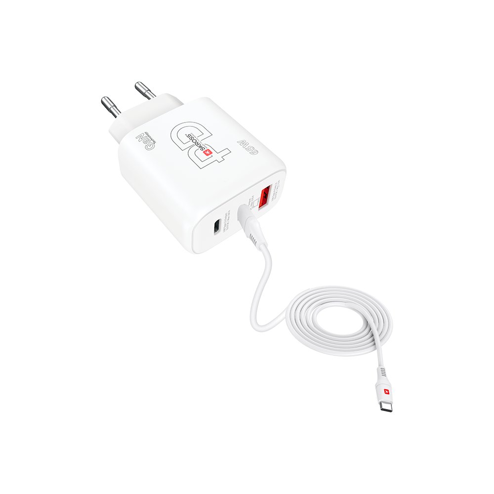 Skross Hleðslutæki 65w GaN 2x USB-C, 1x USB-A og USB-C kapall