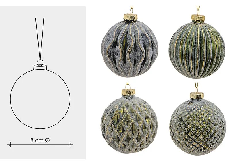 Image of Wurm Upphengi á jólatré, græn kúla 8cm 4 mism 1stk